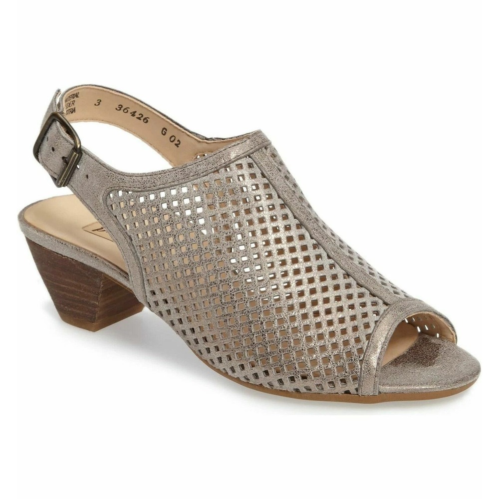 Paul Green Lois Metallic Smoke Perforated Leather Slingback Heel Sandals 7.5 5